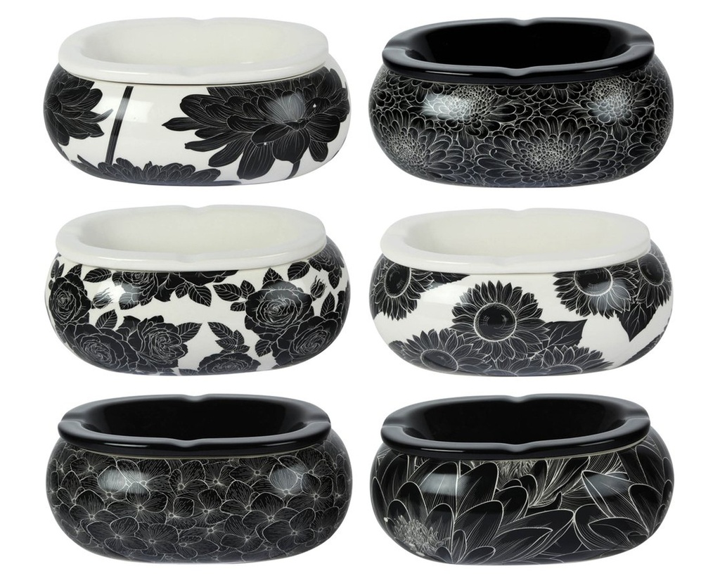 Ashtray Ceramic Oval Black White Flowers 19cm