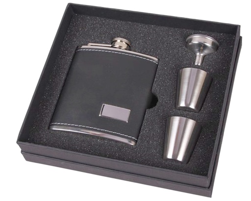 [22259] Hip Flask Set 6oz + Cups Black