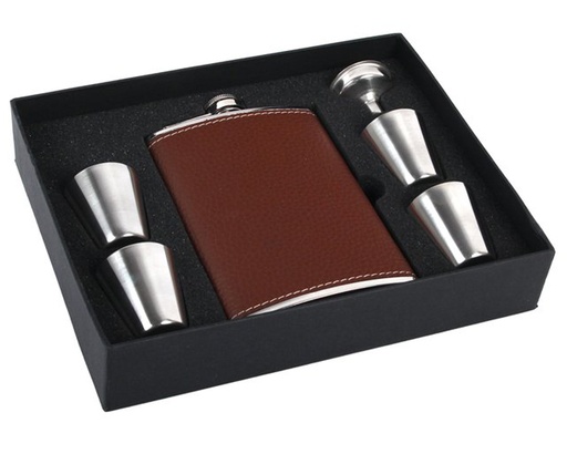 [22274] Hip Flask Set Leather Brown 8oz