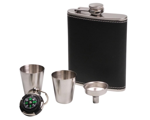 [725761] Hip Flask Set Chrome Leather Black 7oz